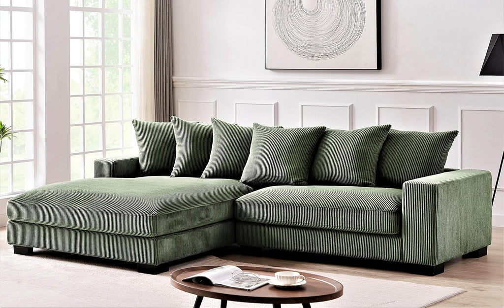 Container Furniture Direct Luxe Oversized Two-Piece Sectional Couches for Living Room, 102.4-Inch L Shaped Sofa with Chaise, Upholstered with Corduroy Fabric, Dark Green - Left Facing