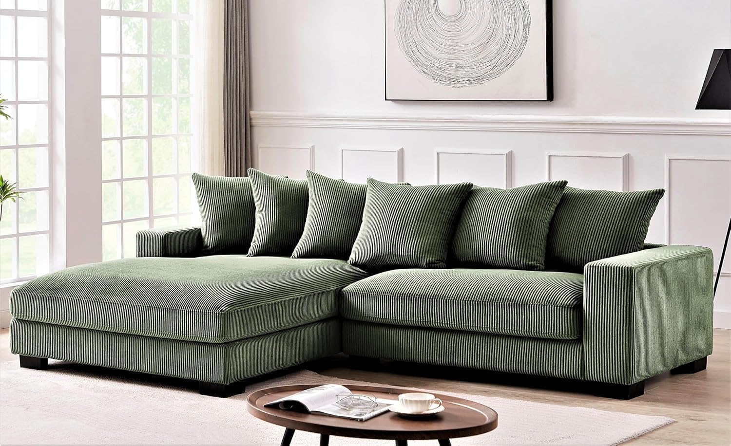 Container Furniture Direct Luxe Oversized Two-Piece Sectional Couches for Living Room, 102.4-Inch L Shaped Sofa with Chaise, Upholstered with Corduroy Fabric, Dark Green - Left Facing