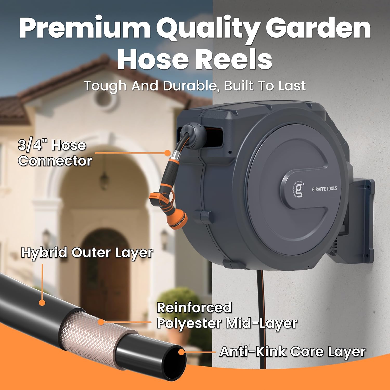 Giraffe Tools AW30 Wall Mounted 1/2' x 100 ft Garden Hose Reel, Retractable Water Hose Reel, Automatic Rewind & Lock at Any Length