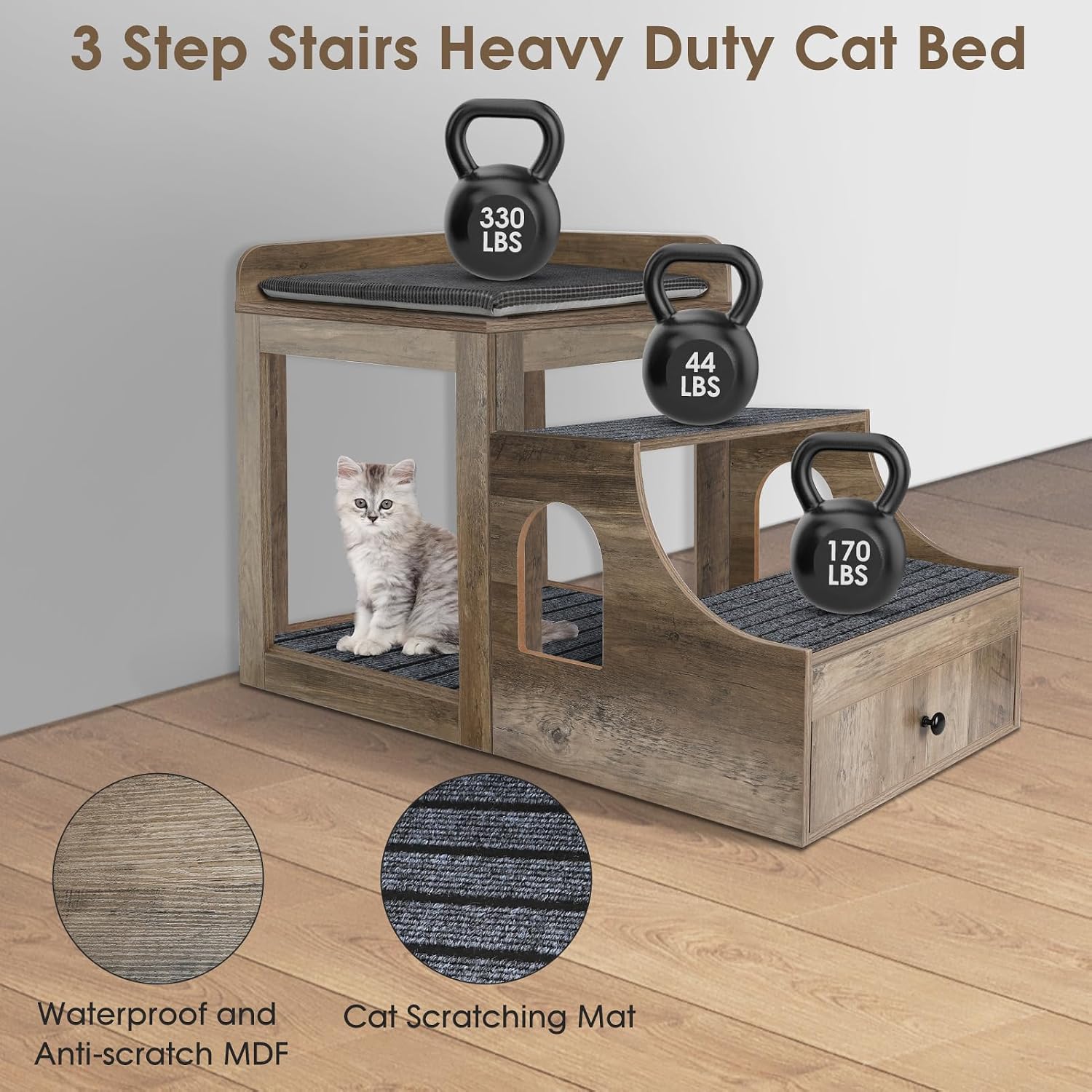 Pet Bunk Bed for Cats, Multi-Level Pet Window Perch Seat Platform with Removable Stairs and Mats for Cats and Dogs, Pet Bed Couch with Drawers for Bedside, Home, Indoor Use, Grey