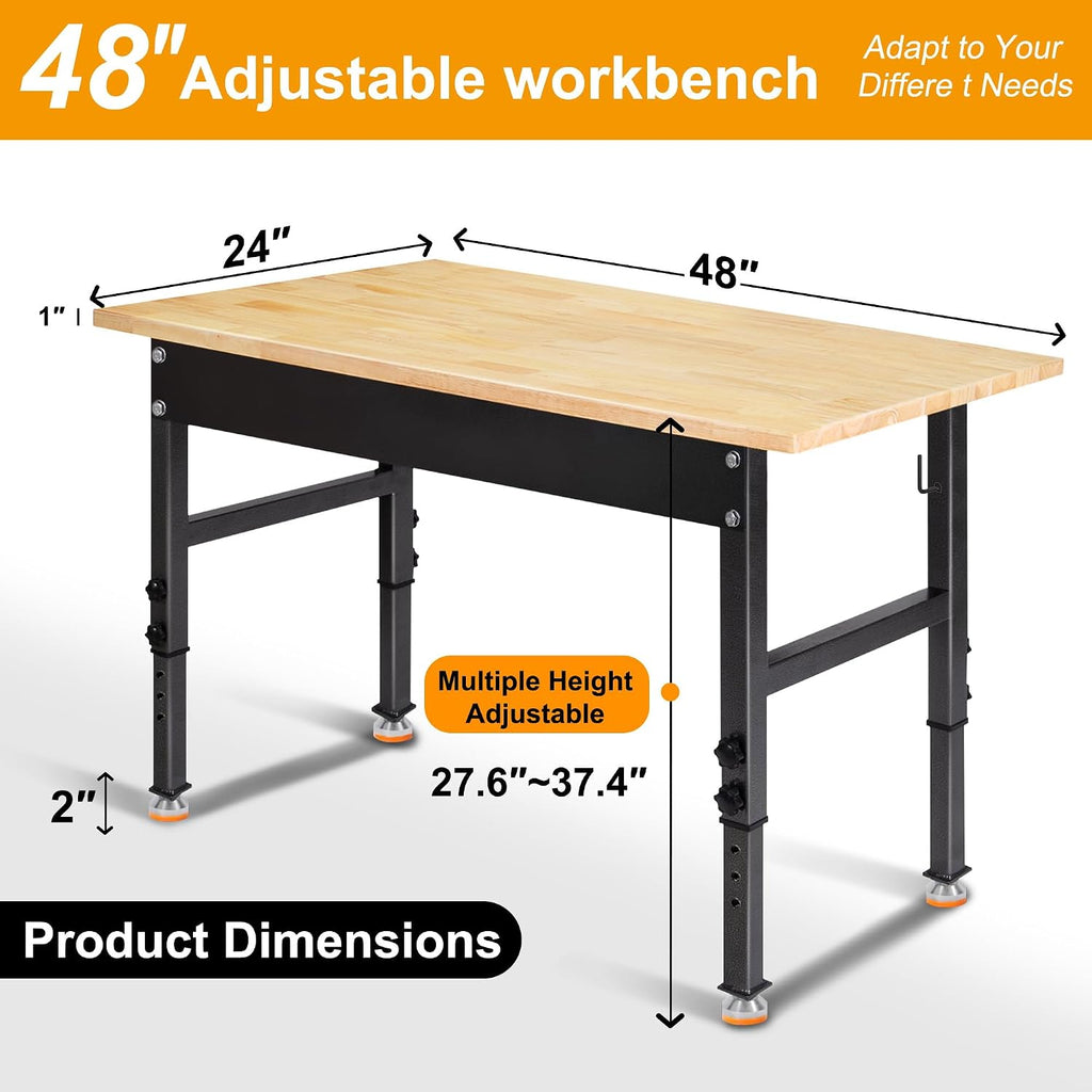 48' Adjustable Work Bench, Rubber Wood Top Workbench Heavy-Duty Work Table, 2000 LBS Load Capacity Hardwood Work Benches for Garage, Workshop, Home, Office, Easy Assembly