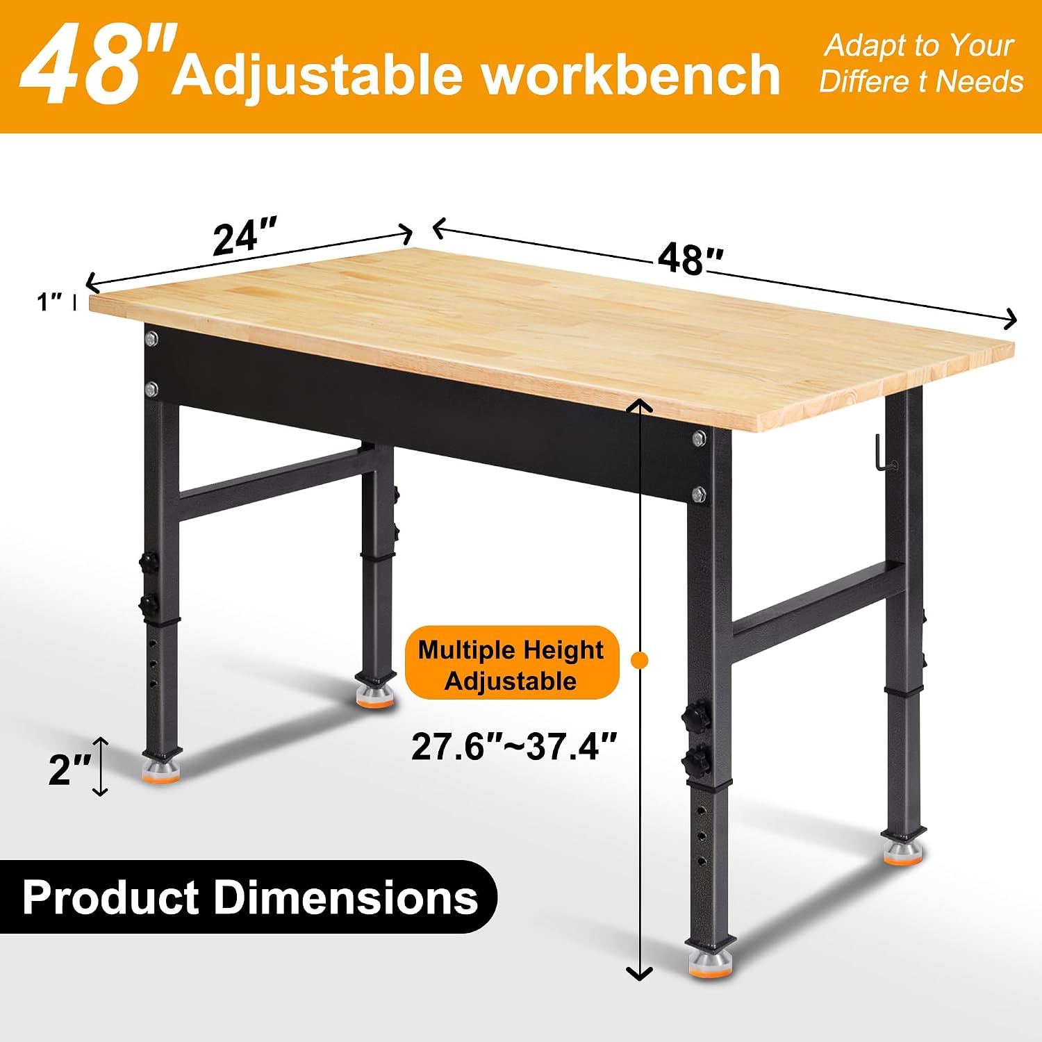 48' Adjustable Work Bench, Rubber Wood Top Workbench Heavy-Duty Work Table, 2000 LBS Load Capacity Hardwood Work Benches for Garage, Workshop, Home, Office, Easy Assembly