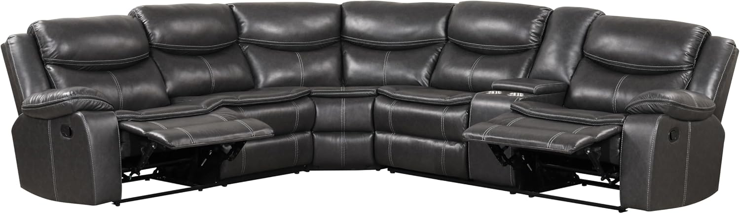 24/7 Shop at Home Amadeo Transitional Breathable Faux Leather L-Shaped Reclining Sofa with Storage Console and Cup Holder, Sectional Couches for Living Room, Home Theater, Playroom, Dark Gray