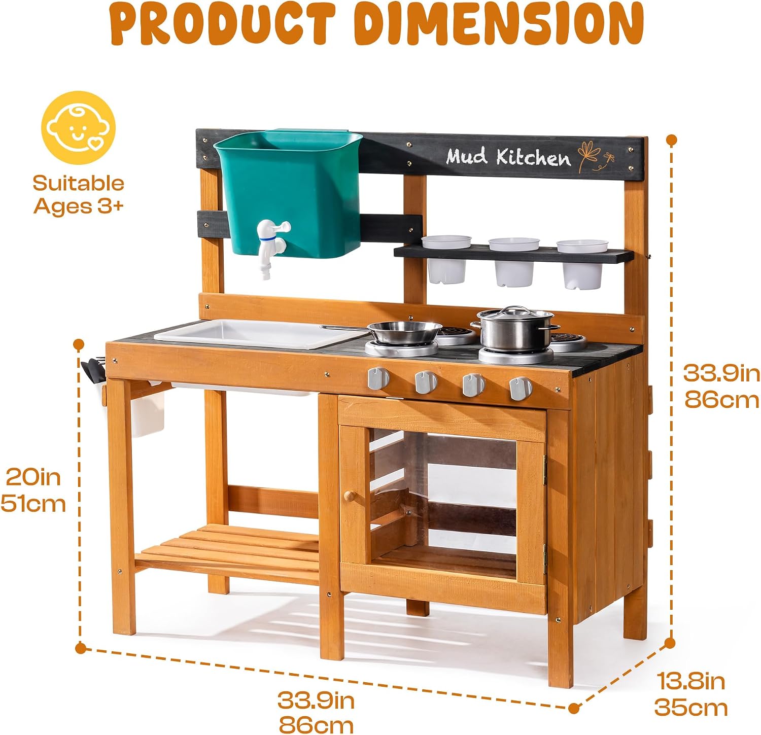 ROBOTIME Mud Kitchen for Kids Outdoor - Wooden Outdoor Play Kitchen Set with Real Water Play, Cooking Pots & Gardening Tools - Sensory Toy Kitchen for Pretend Play Ages 3+