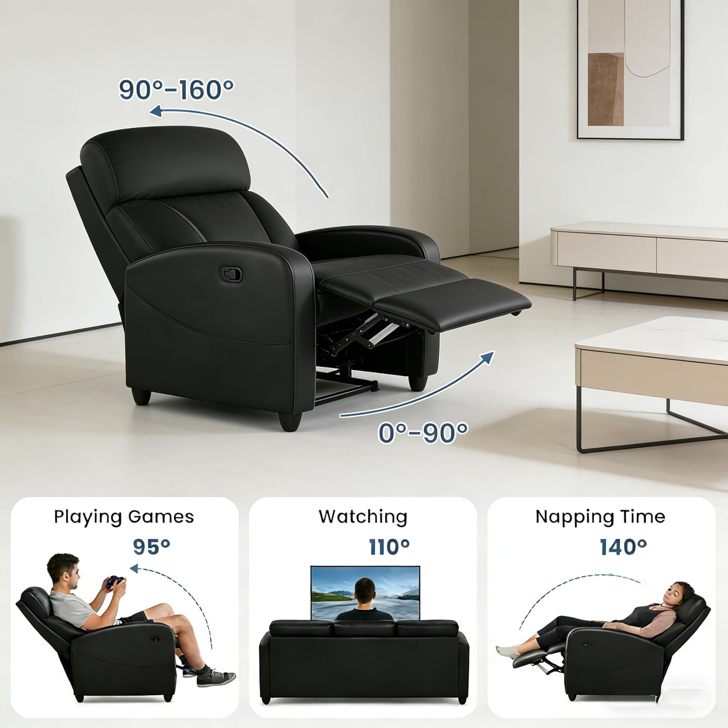 Simple Deluxe Massage Recliner Chair - Adjustable PU Leather Recliner, Luxe Reading Chair & Sofa Chair for Living Room Chairs or Bedroom Chair, Small Recliner for Home Theater, Black
