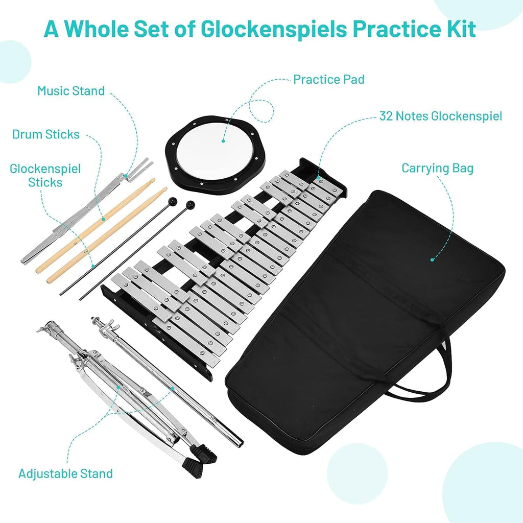 MEDIMALL 32 Notes Glockenspiel Kits, Percussion Xylophone with Adjustable Stand, Music Stand, 8' Practice Pad, Bell Mallets, Wood Drumsticks & Carrying Bag, Glockenspiel for Beginners & Professionals