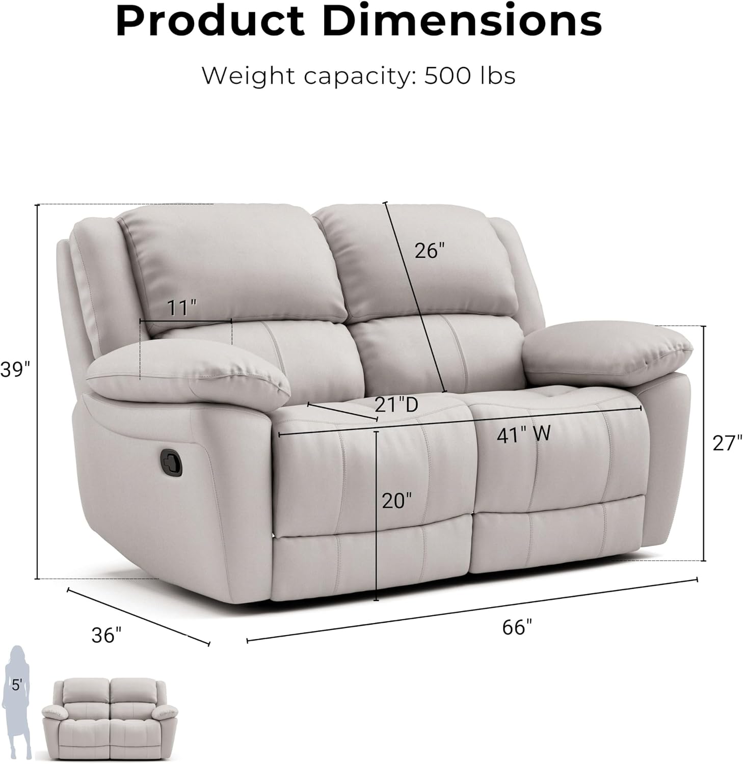 Furniture of America Sorin Modern Leather Recliner Loveseat with Pillow Armrests and High Density Foam, Reclining Sofa, Comfortable Couch for Living Room, Office, FSC Certified, Off-White