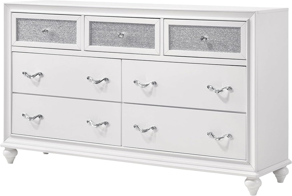 Coaster Home Furnishings - Barzini - Wood - 7-Drawer Dresser with Acrylic Panel, Crystal Hardware, Curved Handles, Turned Legs, Modern Classic Style - Bedroom - White - 205893