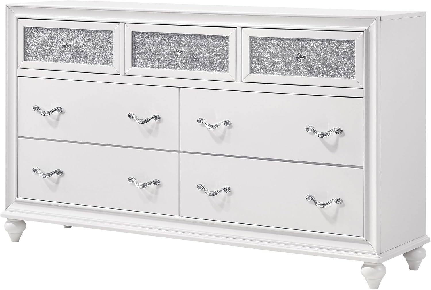 Coaster Home Furnishings - Barzini - Wood - 7-Drawer Dresser with Acrylic Panel, Crystal Hardware, Curved Handles, Turned Legs, Modern Classic Style - Bedroom - White - 205893