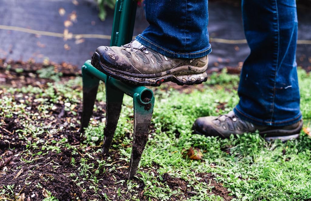 Raised Bed Garden Fork - Green, 9' Tines, 12' Width, 25.5' Height, 8 lbs, Manual Operation, Metal