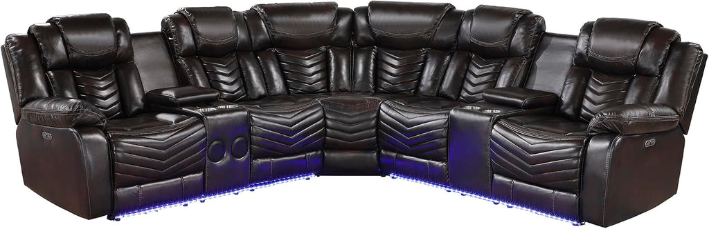Lexicon Modern 3-Piece Power Reclining Sectional Sofa, Wall Hugger Faux Leather Sectional Couch, with Consoles, Speakers, Subwoofer and Led Lighting, for Living Room/Office/Apartment, Dark Brown