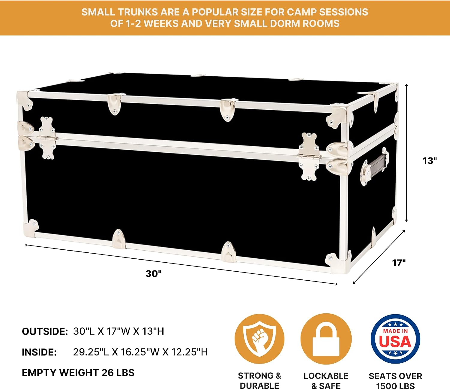 Rhino Trunk & Case Classic Camp & College Trunk with Wheels. 30'x17'x13', 1500+ lbs Capacity - Many Colors, Soft-Close Lid. Strong, USA Made Summer Camp Footlocker and Secure Dorm Storage Chest