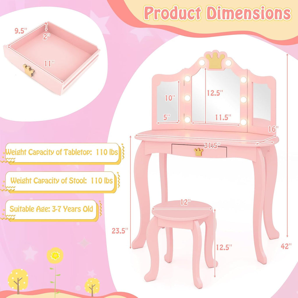 HONEY JOY Kids Vanity with Lights, Crown Girls Vanity Set with Mirror and Stool and Lights, Toddler Vanity, Wooden Makeup Table for Little Girls, Pretend Play Kids Vanity Table and Chair Set(Pink)