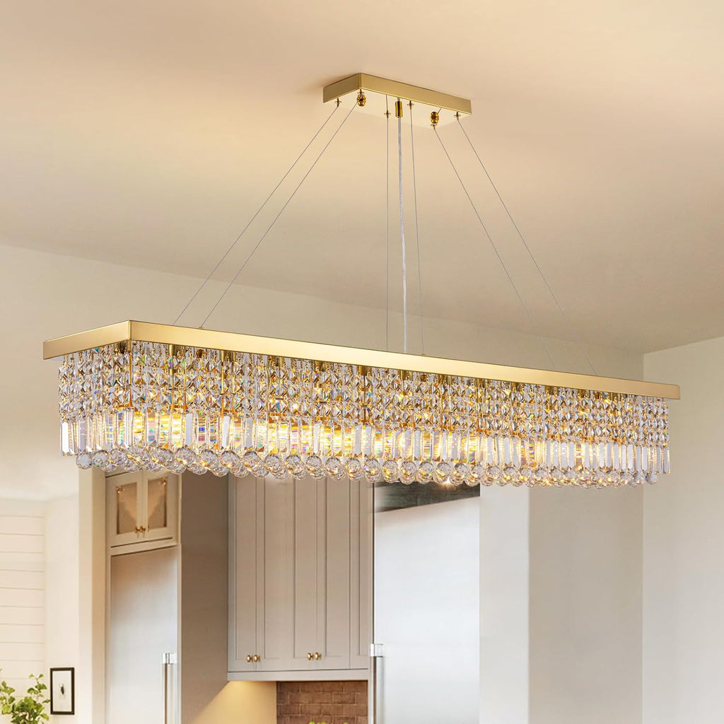 7PM Rectangle K9 Crystal Chandelier Modern Gold Crystal Chandelier Rectangular Pendant Lighting Fixture for Dining Room Kitchen Island Bedroom L59'' x W10'' x H9''