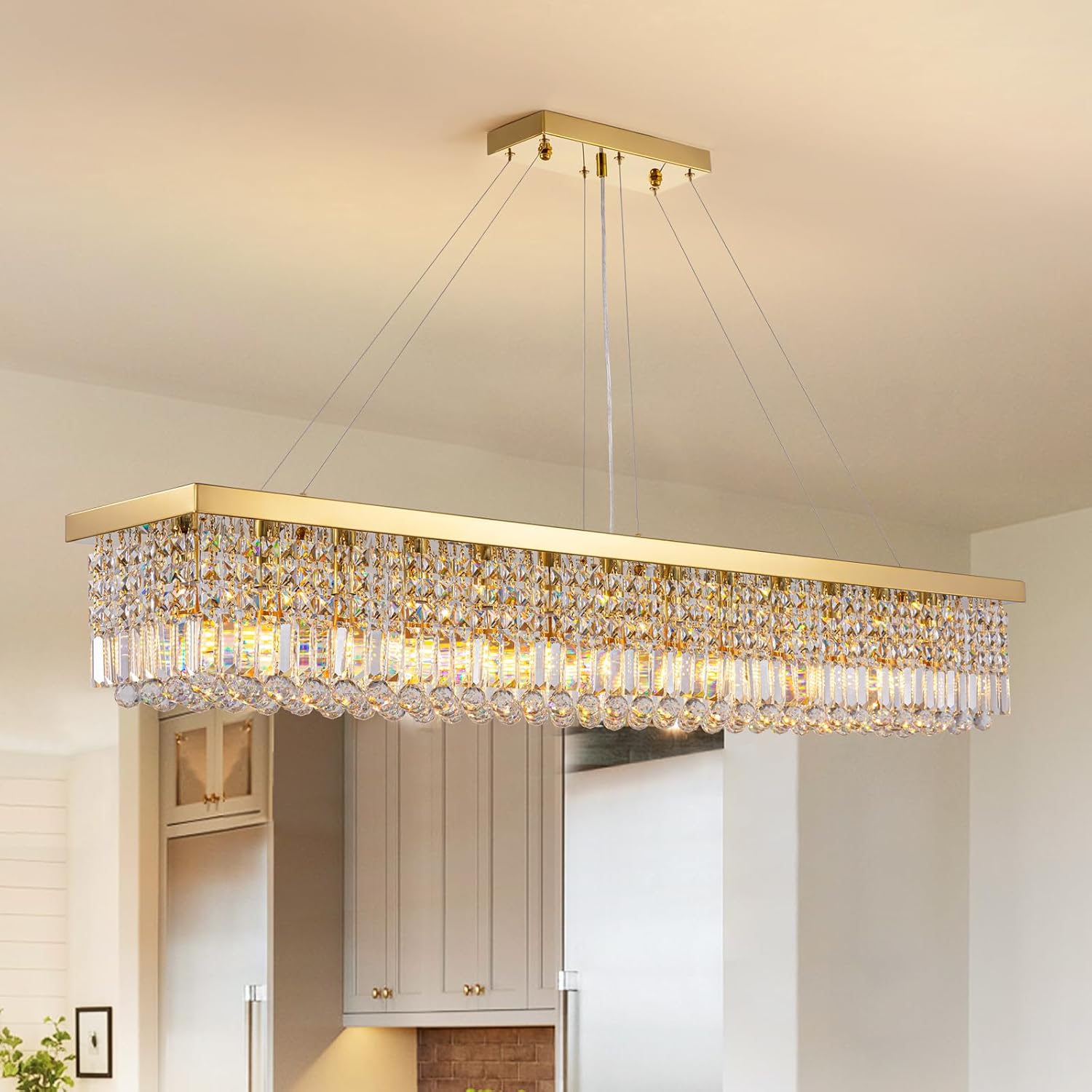 7PM Rectangle K9 Crystal Chandelier Modern Gold Crystal Chandelier Rectangular Pendant Lighting Fixture for Dining Room Kitchen Island Bedroom L59'' x W10'' x H9''