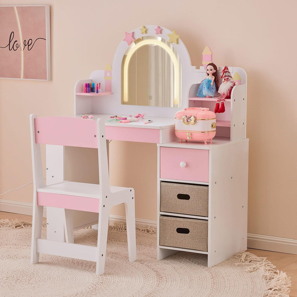 Karl home Kids Vanity Set with Lighted Mirror and Stool, Princess Makeup Vanity Desk with Bookshelf & Drawers, Toddler Dressing Table and Chair Set with Storage Shelves for Little Girls, White