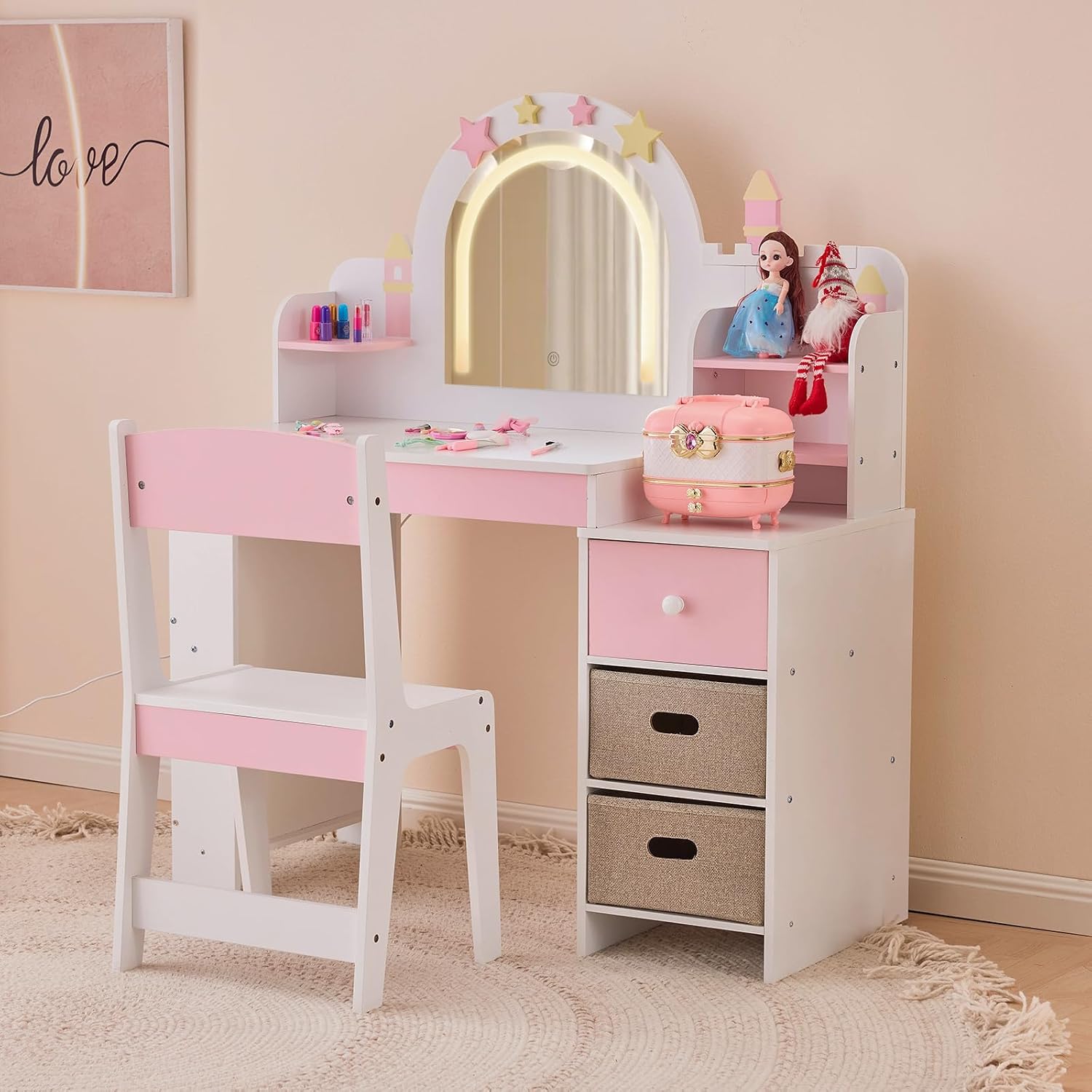 Karl home Kids Vanity Set with Lighted Mirror and Stool, Princess Makeup Vanity Desk with Bookshelf & Drawers, Toddler Dressing Table and Chair Set with Storage Shelves for Little Girls, White
