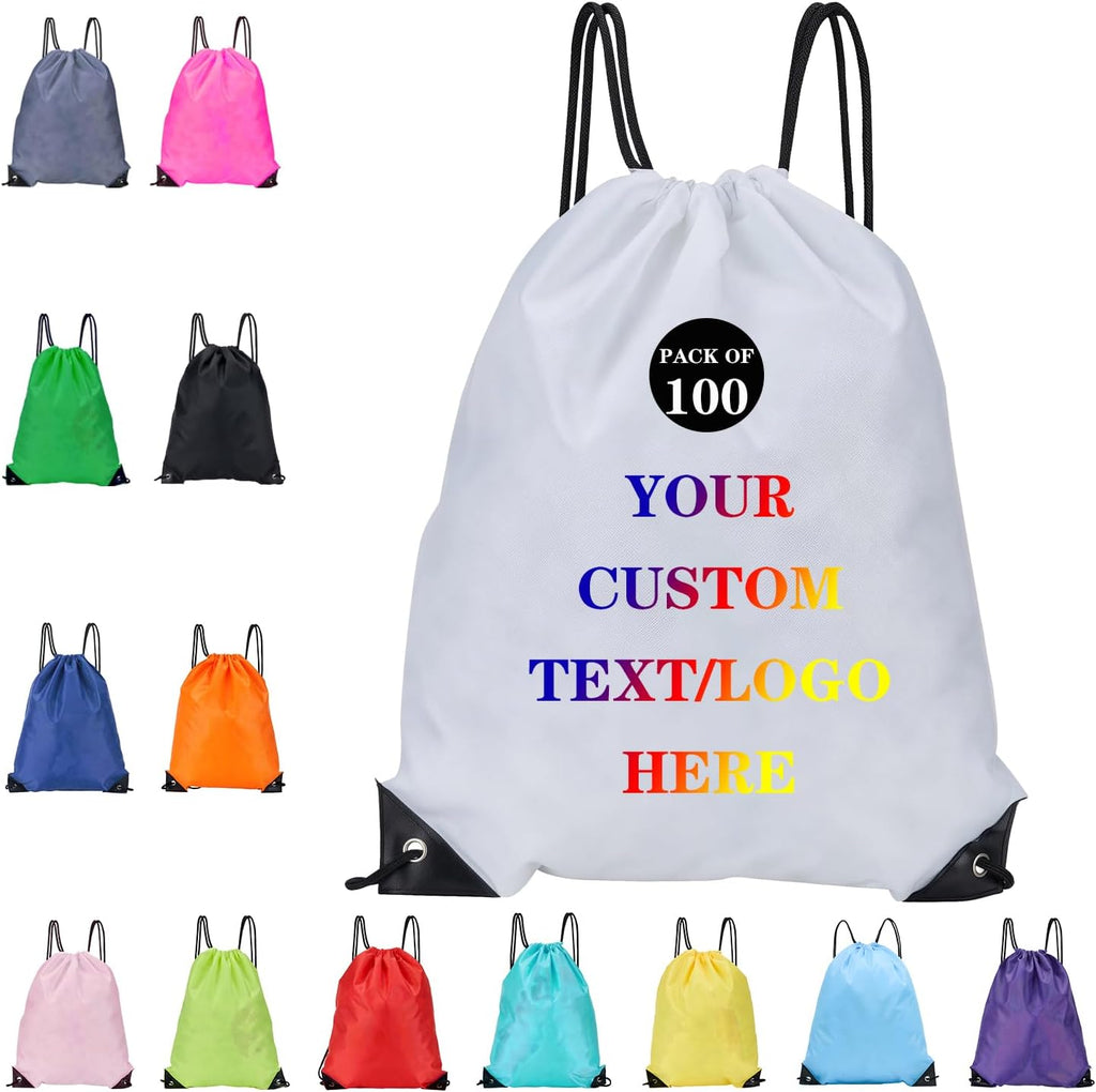 Custom Bags With Your Logo Set of 100 Custom Backpack Draw String Bags Pack Bulk for Travelling Swimming Gym Everyday Use (White)
