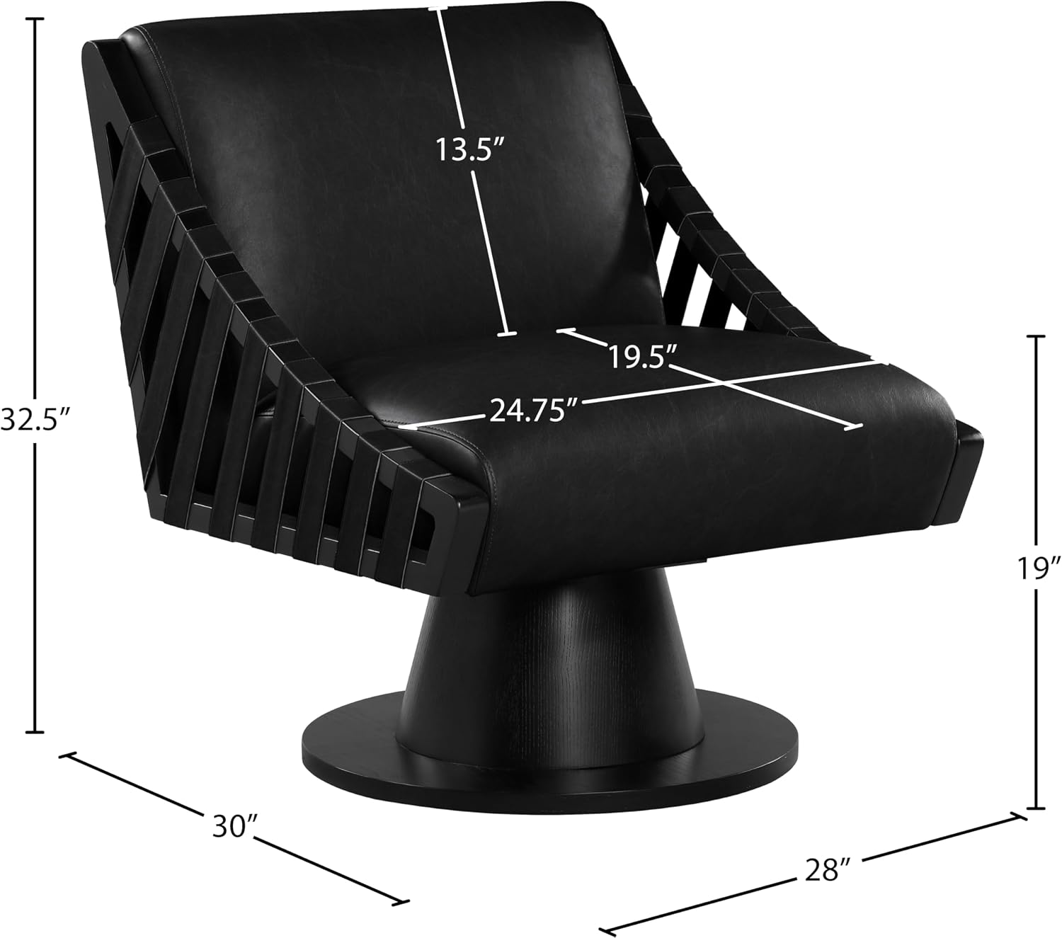 Meridian Furniture 33002Black Millwin Collection Art Deco Swivel Accent Chair with Rich Black Vegan Leather, Black Finish, Solid Wood Frame and Base, 28' W x 30' D x 32.5' H, Black