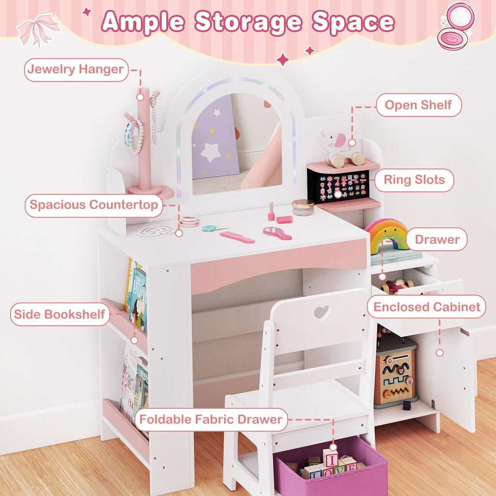 INFANS Kids Vanity with Lights, Princess Makeup Desk with Mirror, Jewelry Hanger, Fabric Drawers, Toddler Table and Chair Set Pretend Play for Girls