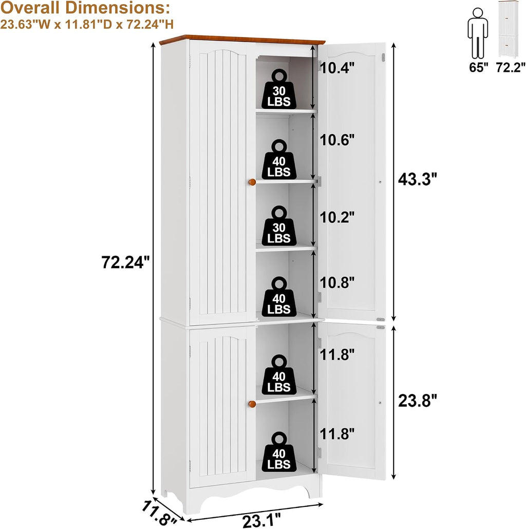 Function Home 72' Kitchen Pantry Cabinet, Freestanding Storage Cabinets, Tall Food Pantry with Doors and Adjustable Shelves, Utility Floor Cabinet for Kitchen Dining Room Living Room, White