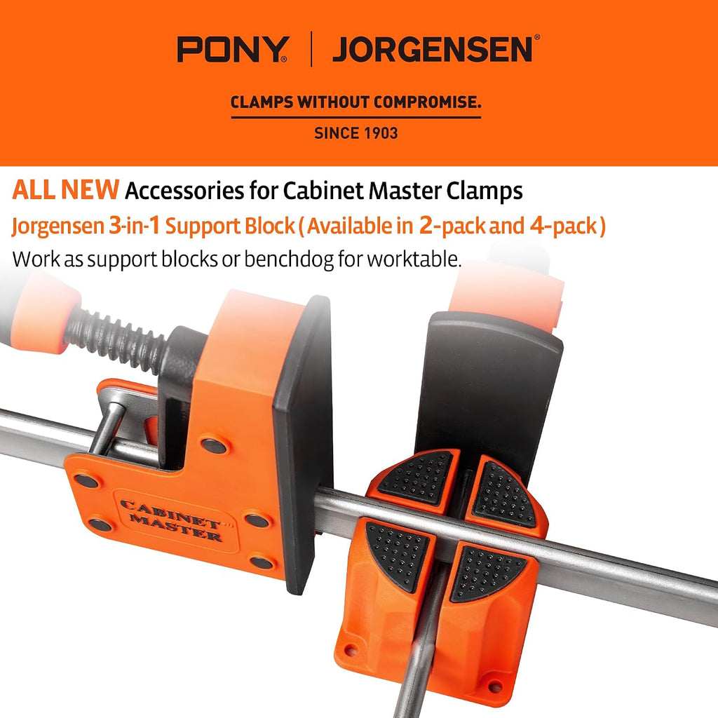 JORGENSEN 36-Inch Parallel Bar Clamp 2-Pack & 3-in-1 Support Block 4-Pack, Heavy-Duty Cabinet Master Clamp for Woodworking Glue-Up, 2200 lbs Force, Quick Release, Spreader Function + Riser Blo