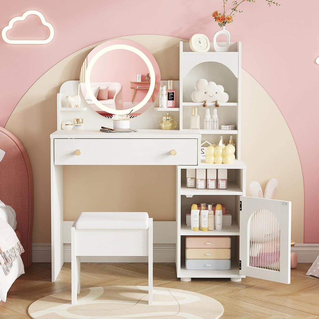 Vabches Kids Vanity Table and Chair Set, Toddler Dressing Table for 5-12 Year Old Little Girls, 2 in 1 Princess Makeup Vanity with Mirror & Lights, Wooden Pretend Play Vanity Desk, White