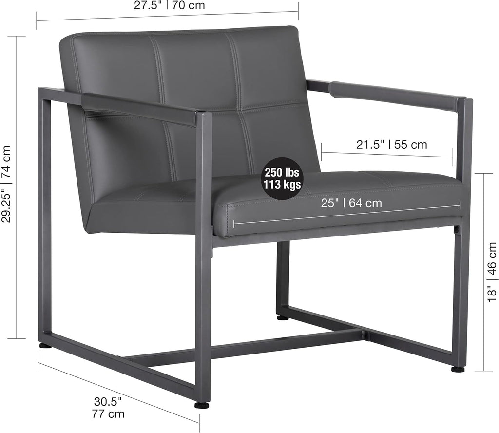 Studio Designs Home Modern Accent Chair Camber Mid-Century, Pewter Grey Metal Frame & Smoke Bonded Leather