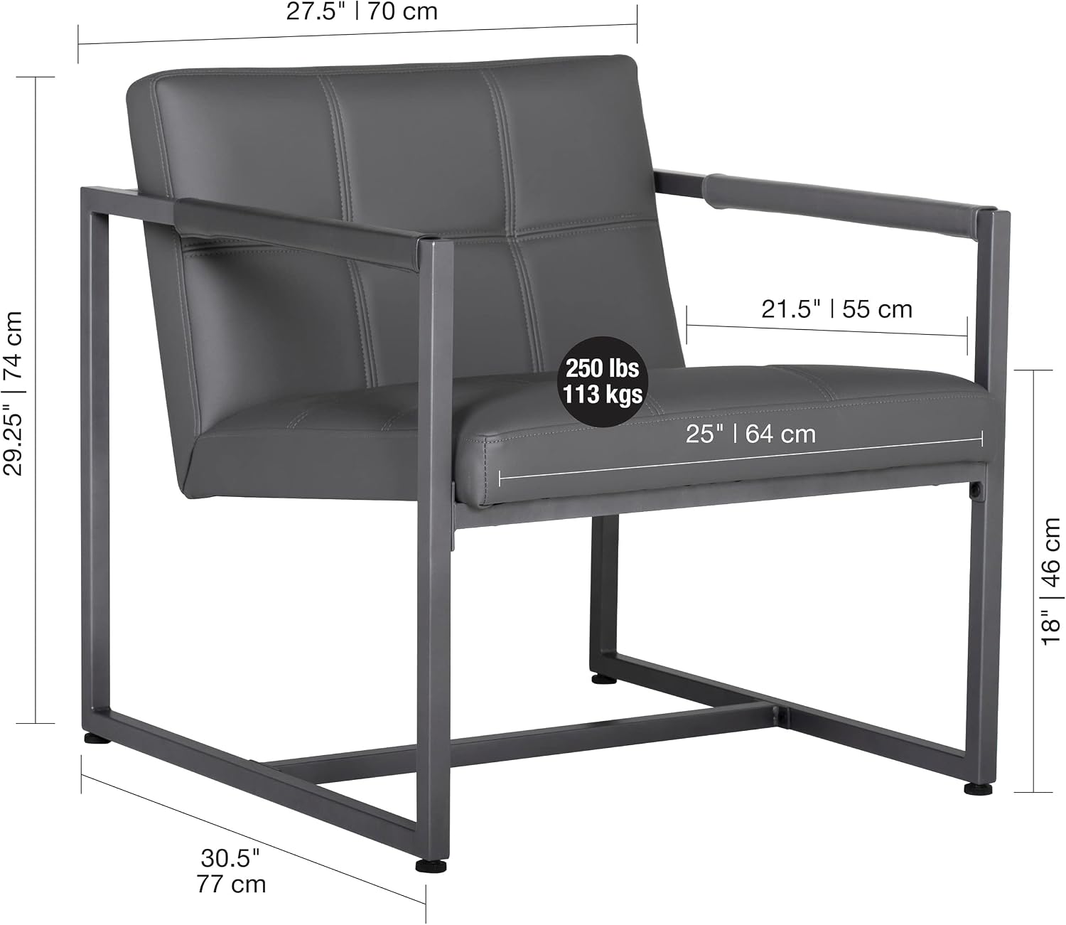 Studio Designs Home Modern Accent Chair Camber Mid-Century, Pewter Grey Metal Frame & Smoke Bonded Leather