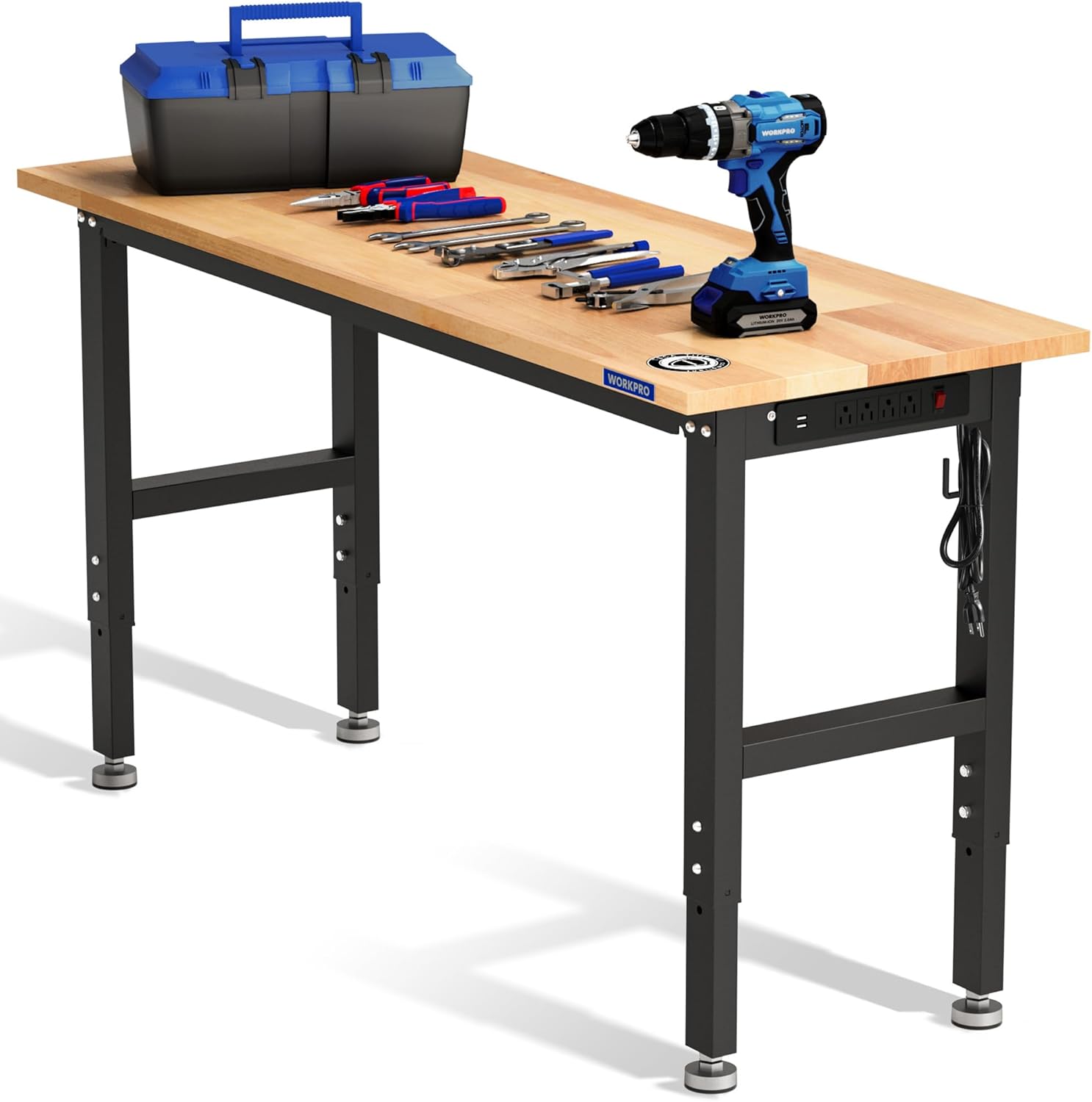 WORKPRO Adjustable Garage Workbench, 60x24 Rubber Wood Top Heavy-Duty Work Desk with Power Outlets, Leveling Foot, 5 Heights, 1500 LBS Load Capacity Work Benches for Garage, Workshop