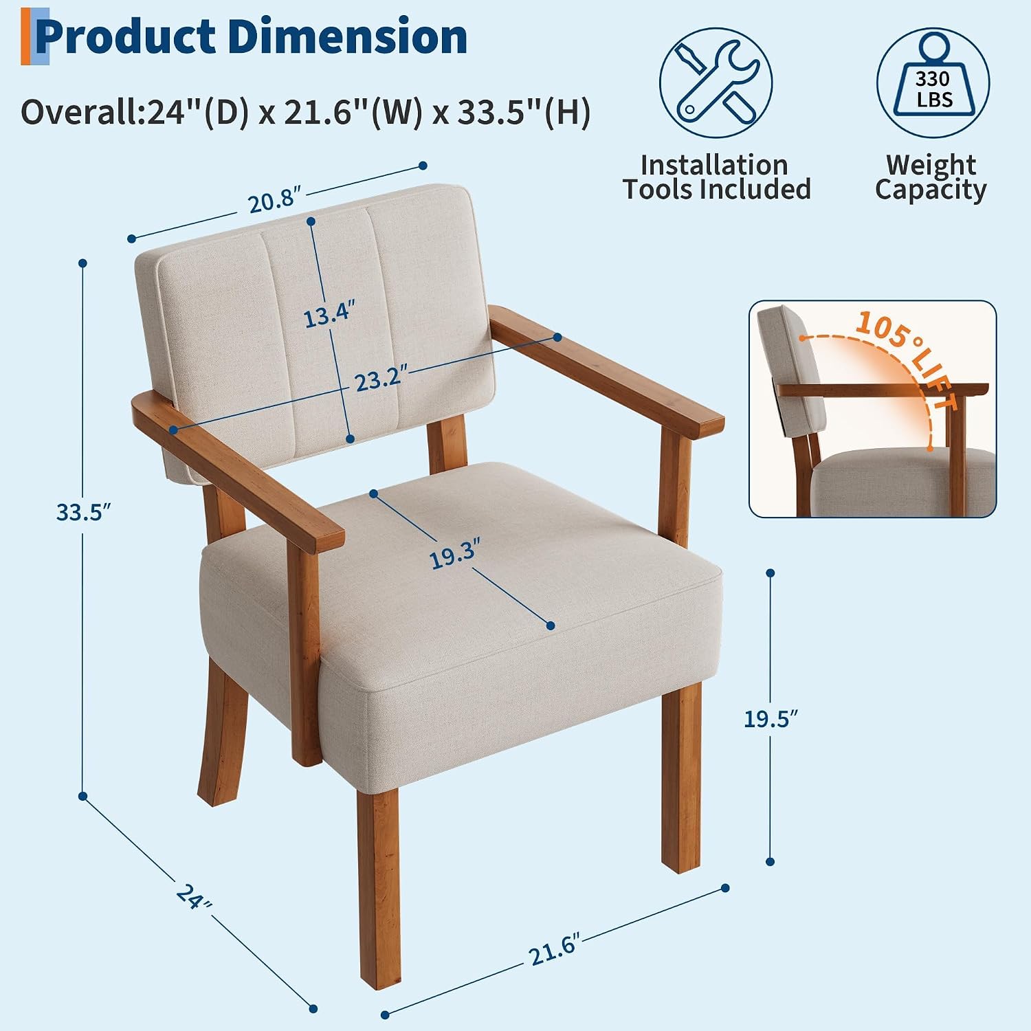 Garvee Accent Chair, Mid-Century Modern Linen Fabric Armchair with Wood Frame, Vertical Stripe Upholstered Reading Chair for Living Room, Bedroom or Balcony, Beige