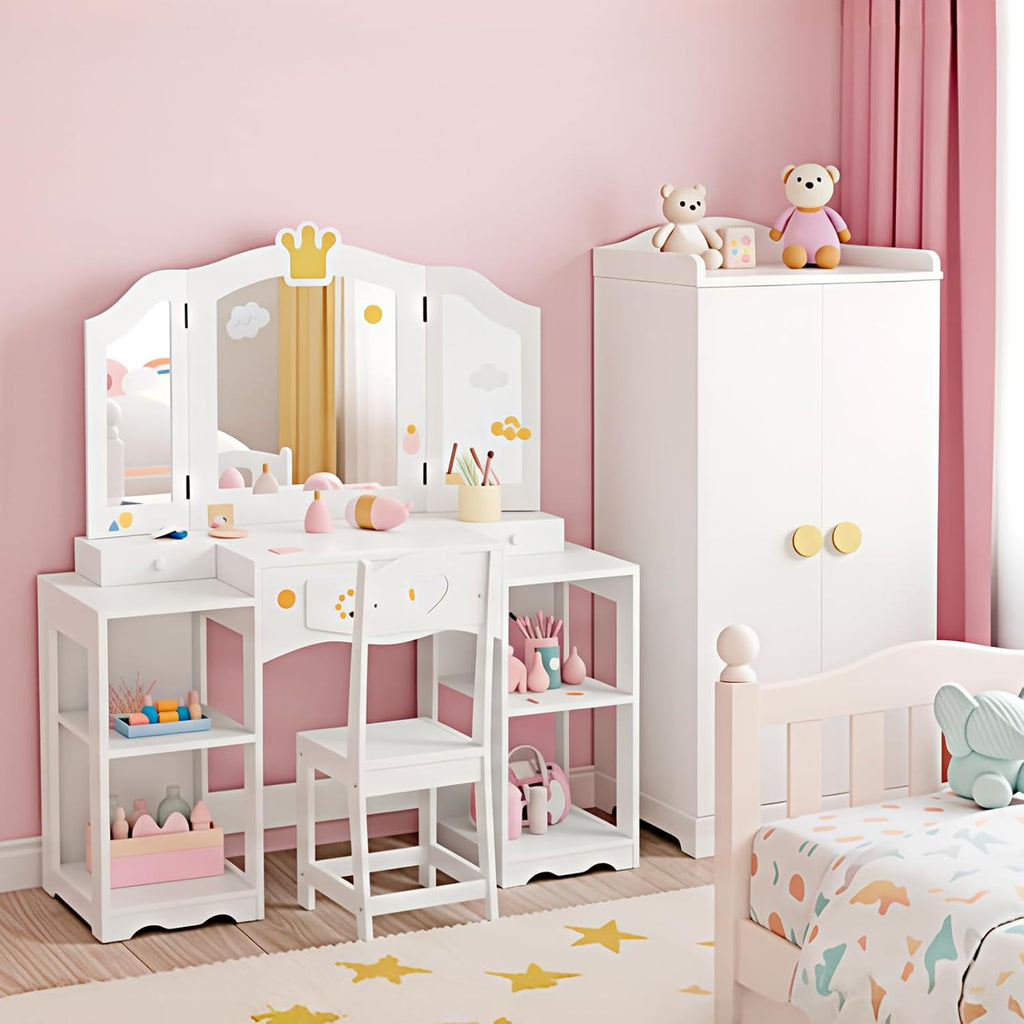 JOYMOR Kids Vanity Table and Chair Set with Tri-Fold Mirror, Extra-Wide Kids Vanity Set, Princess Dressing Table with Stool for Girls Ages 3-8 (White)