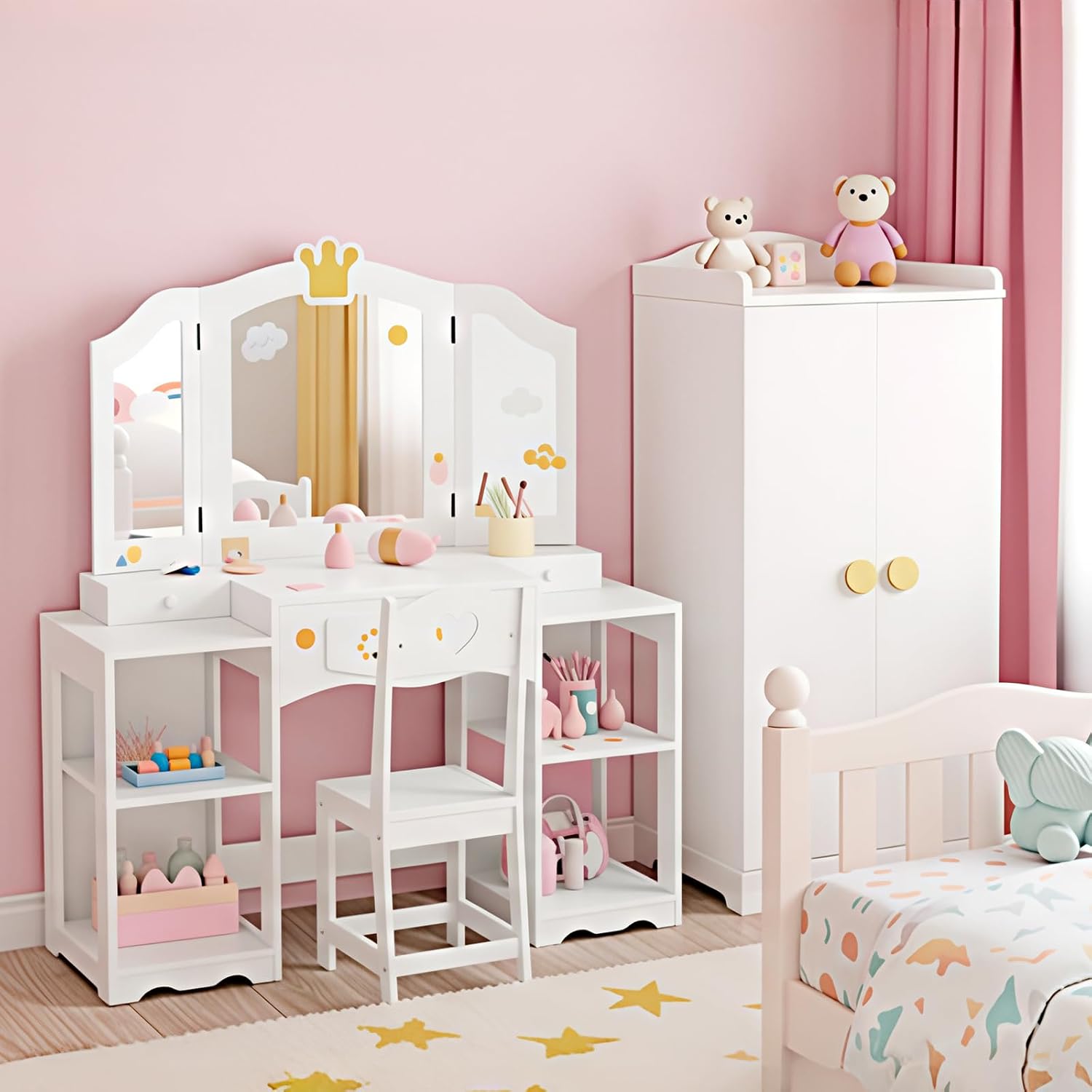 JOYMOR Kids Vanity Table and Chair Set with Tri-Fold Mirror, Extra-Wide Kids Vanity Set, Princess Dressing Table with Stool for Girls Ages 3-8 (White)