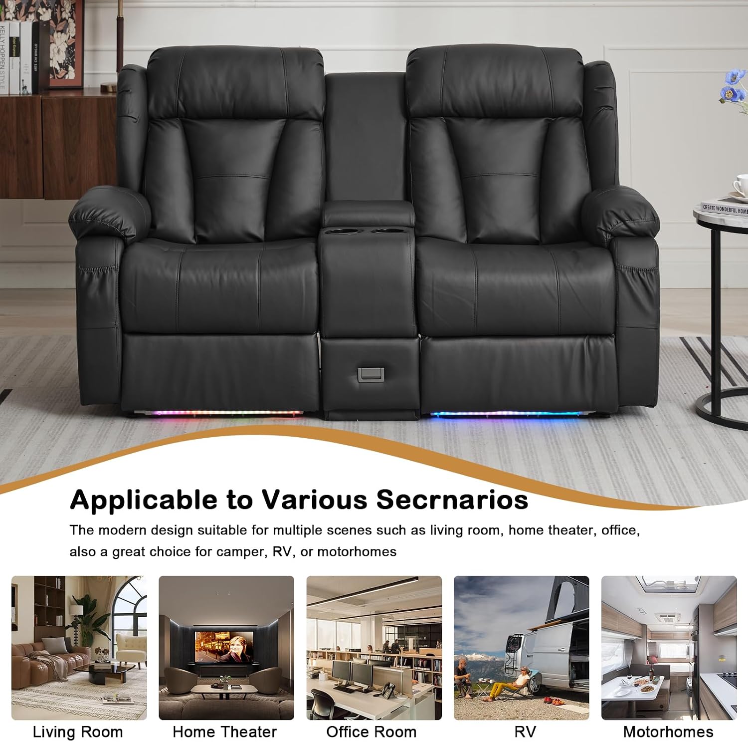 Power Reclining Loveseat Sofa, Loveseat Recliner Couch with Console, RV Recliners for Travel Trailers, Home Theater Seating with Cup Holders/LED/Drawer/USB/USB C (Black)