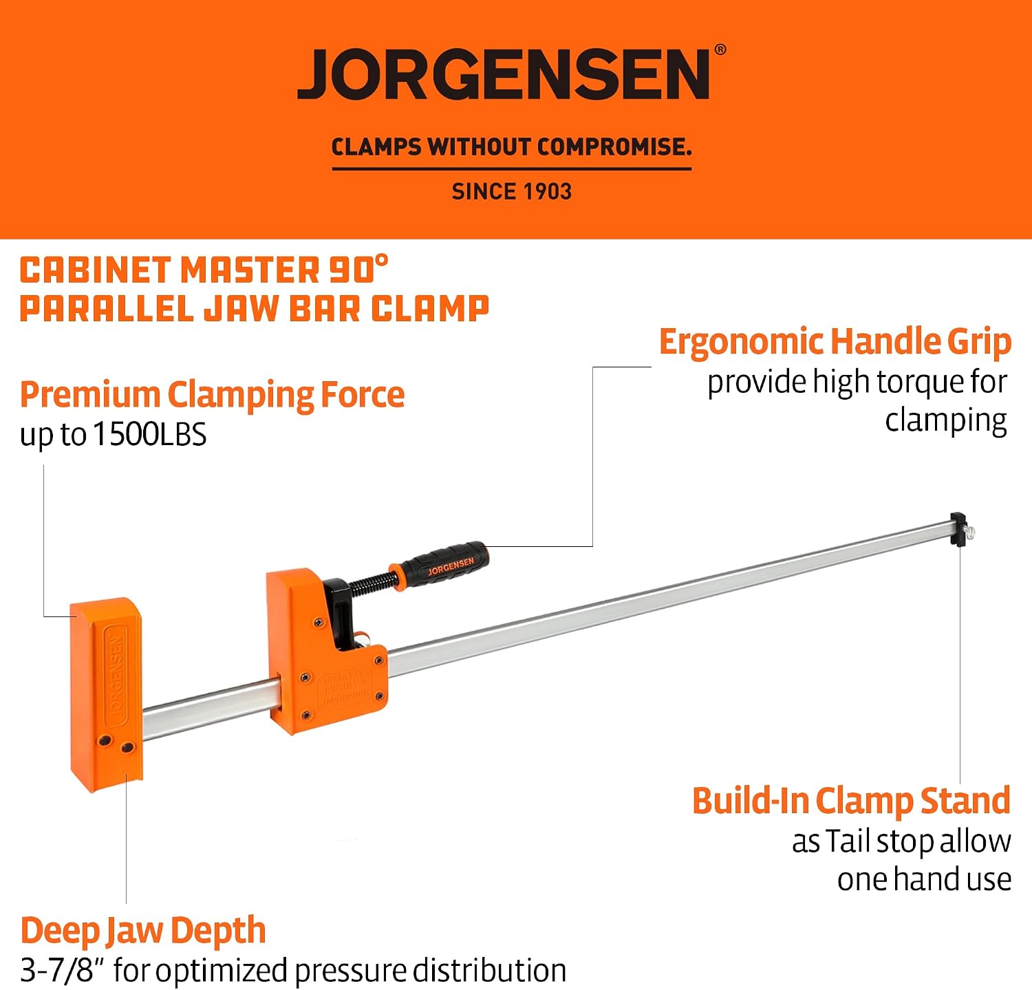 JORGENSEN 48-inch Bar Clamps, 90°Cabinet Master Parallel Jaw Bar Clamp Set, 2-pack