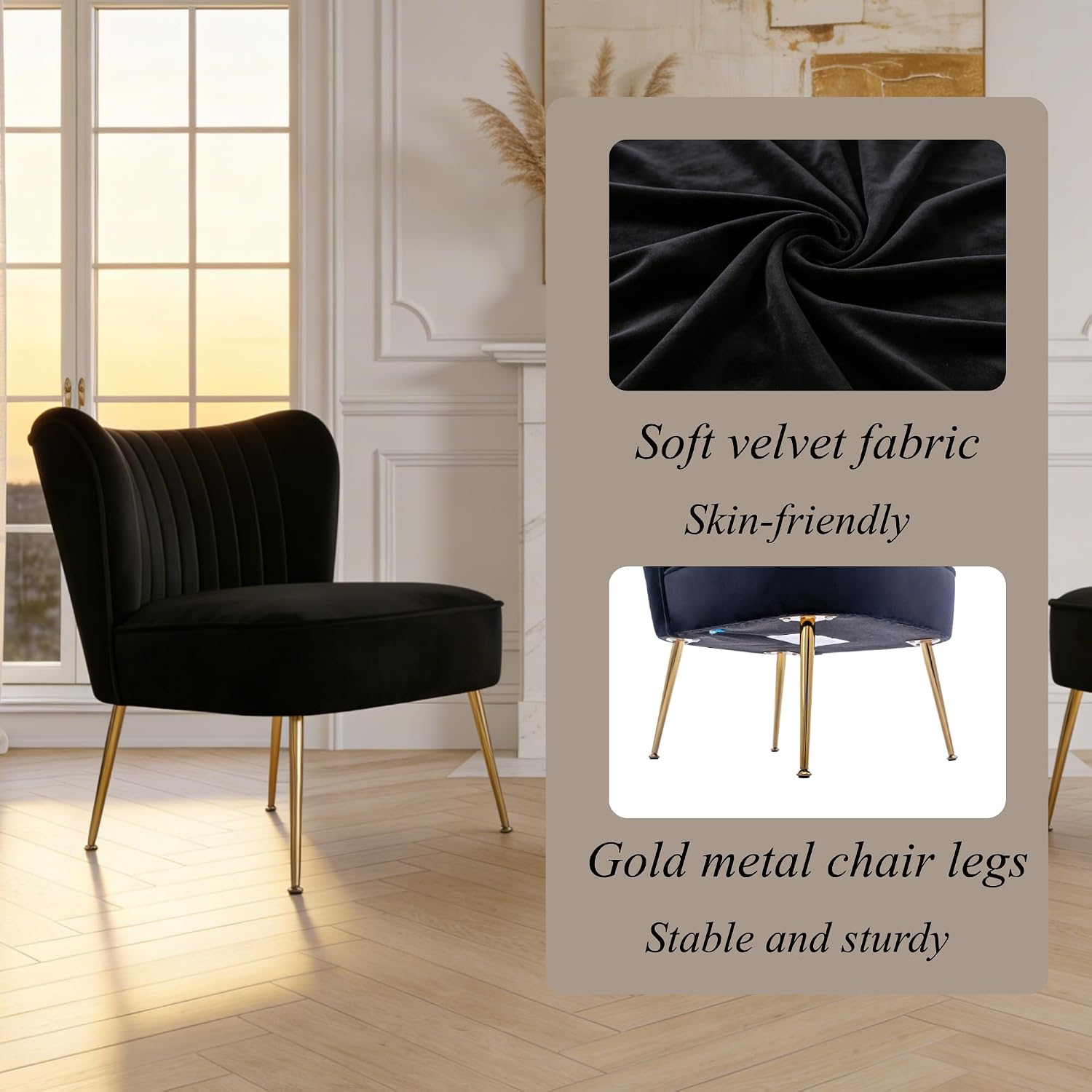 Velvet Accent Chair Set of 2 Comfy Living Room Chair Armless Slipper Chair Mid Century Side Single Sofa Chair with Golden Legs Wingback for Bedroom Guest Room, Black