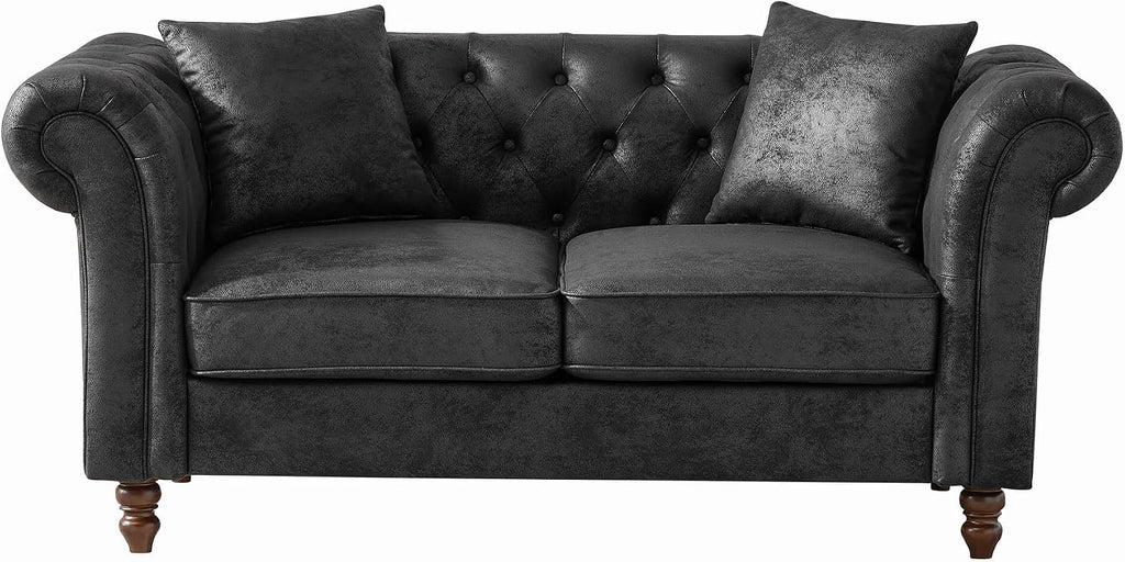 GDFStudio 66' Chesterfield Tech Loveseat Sofa Couch, Mid Century Modern 2 Seat Sofa & Couches with Pillows, Roll Armrest Upholstered Couch for Living Room Apartment Office Home Seating, Black