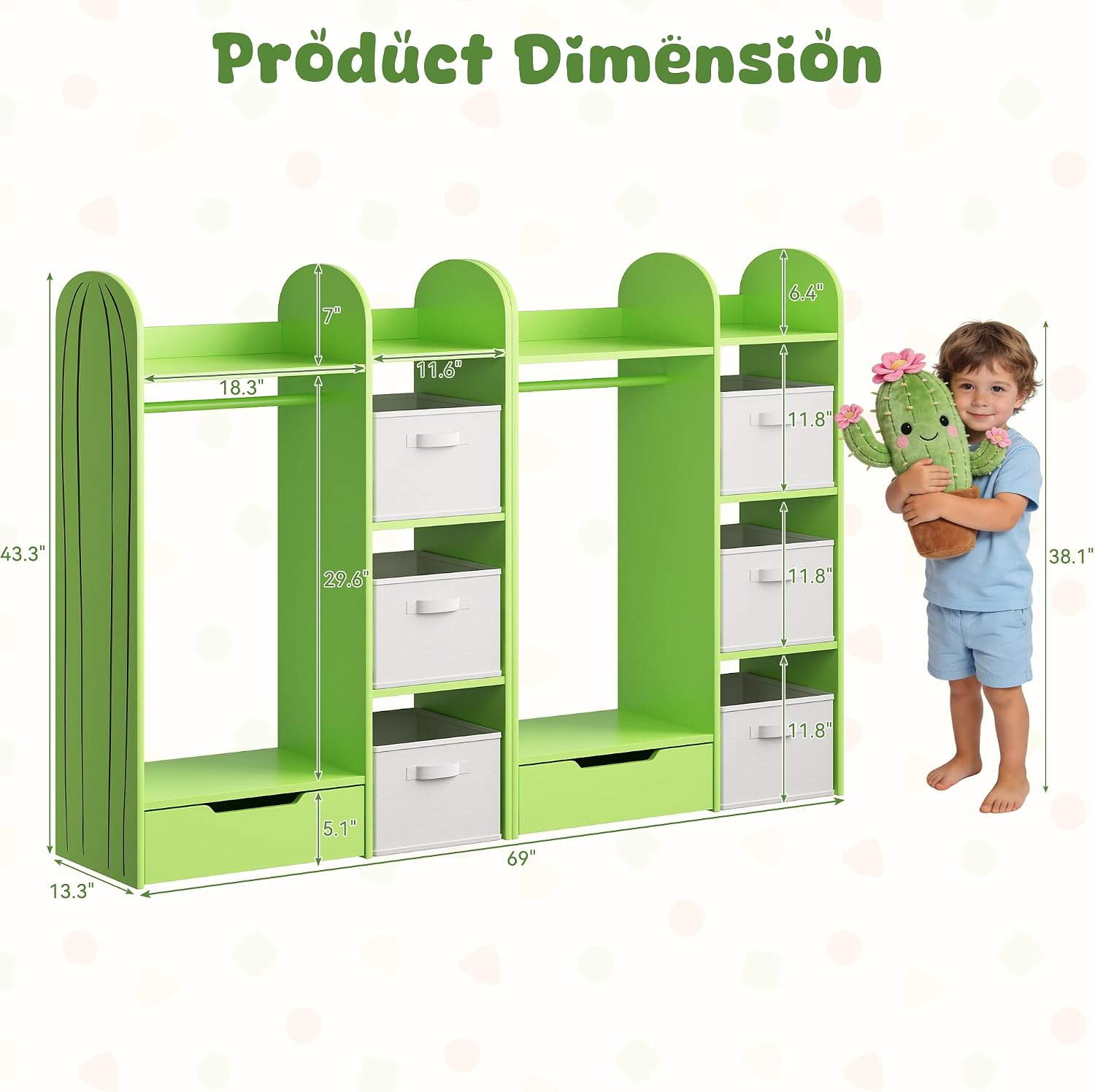 BVIUNTWO Wooden Kids Dress Up Storage Center,Set of 2 Green Cactus Themed Open Wardrobe Closet with Hanging Rod, Bottom Drawer,Children's Costume Organizer & Garment Rack for Playroom,Bedroom