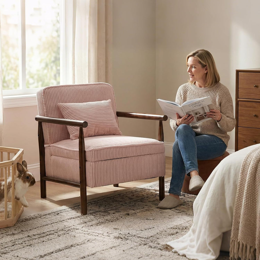 Accent Chair with Hidden Storage, Mid-Century Upholstered Armchair with Solid Wood Frame, Corduroy Fabric Accent Chair for Living Room, Bedroom, and Reading Corner(Pink)