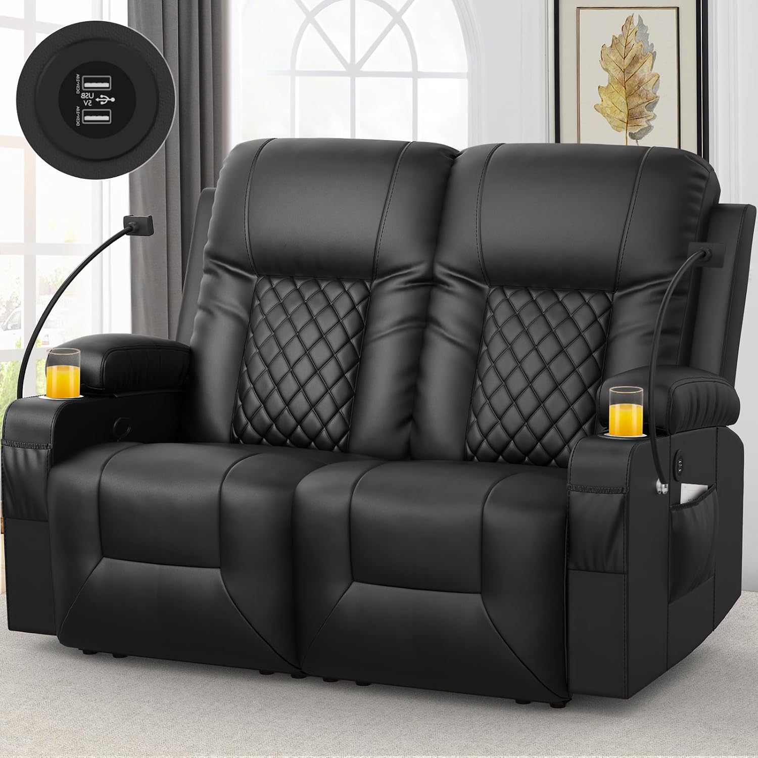 FURNIMAT Loveseat Recliner Sofa, 2 Seater Reclining Loveseat Sofa, Modern PU Leather RV Loveseat Couch for Living Room/RV, with USB Ports, Cup Holders, Insert Pockets, Cell Phone Holders, Black