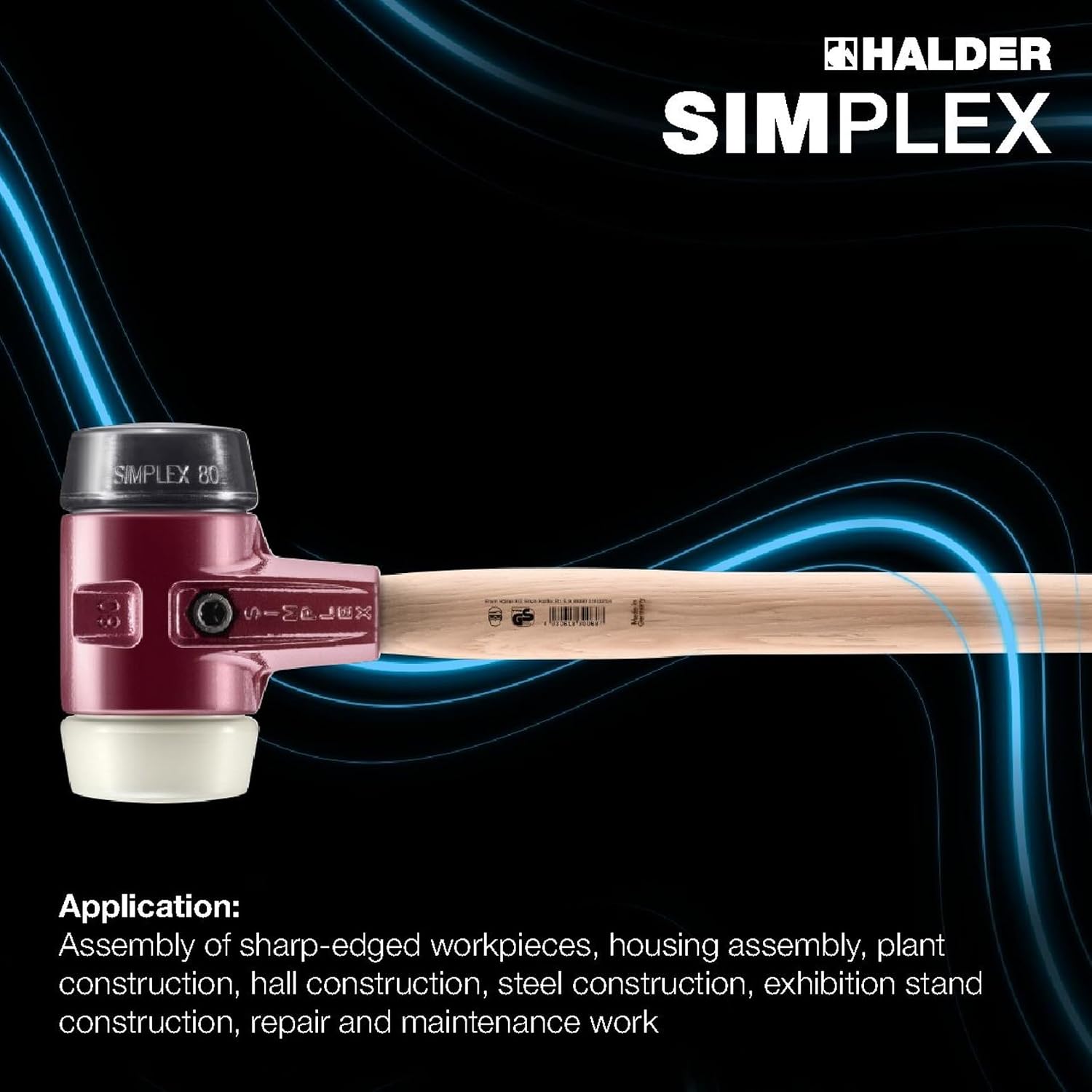Halder Simplex SledgeHammer 3028.081 – Medium-Hard Rubber Insert, Nylon Insert, Cast Iron Housing with Handle Protection Sleeve, Varnished Wooden Handle, 80mm, 7.6 lbs.