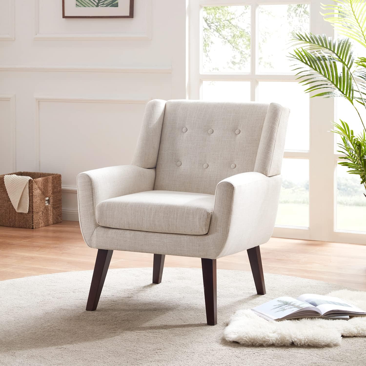 HUIMO Accent Chairs Set of 4, Upholstered Button Tufted Armchair, Linen Fabric Sofa Chairs for Bedroom, Living Room, Mid Century Modern Comfy Reading Chair (4, Beige)