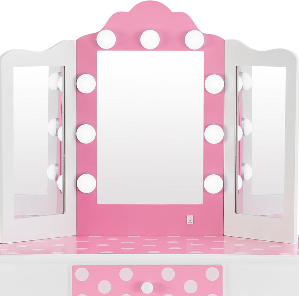 Teamson Kids - Fashion Polka Dot Prints Gisele Play Vanity Set with LED Lights - Pink/White