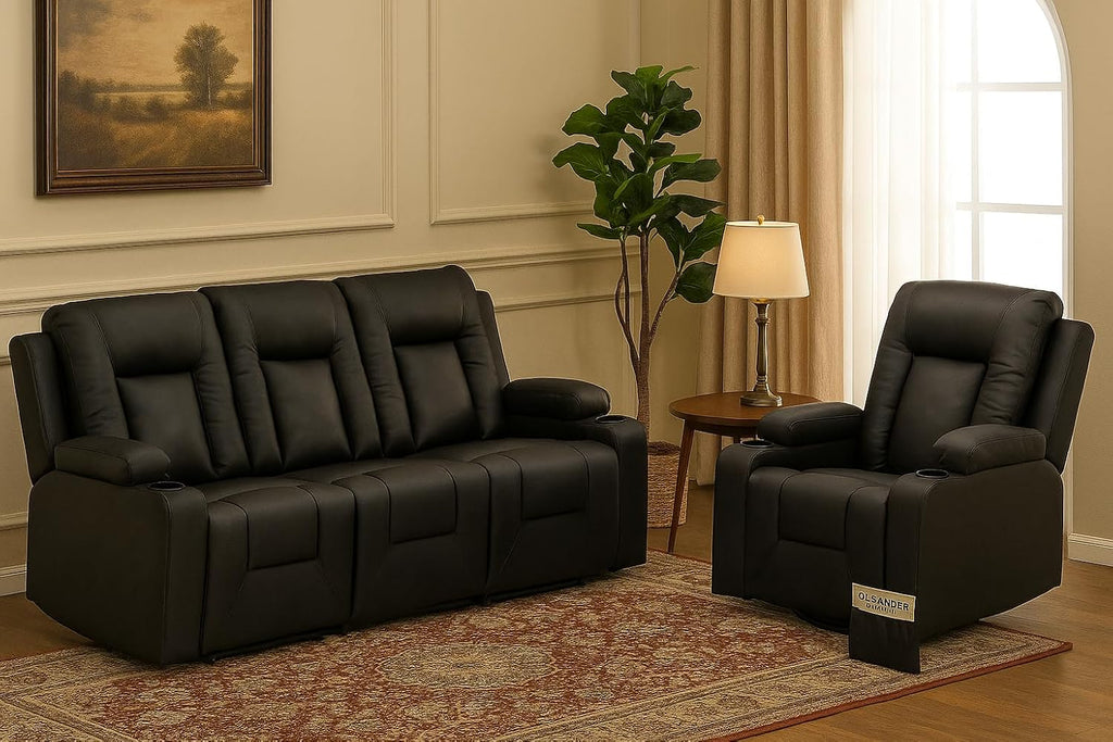 LUCKLIFE Leather Recliner Sofa Set with Manual Recliners,Living Room Furniture Set with Reclining Couch,Loveseat and Armchair,Living Room Chair with Cup Holders,Black (3+1)