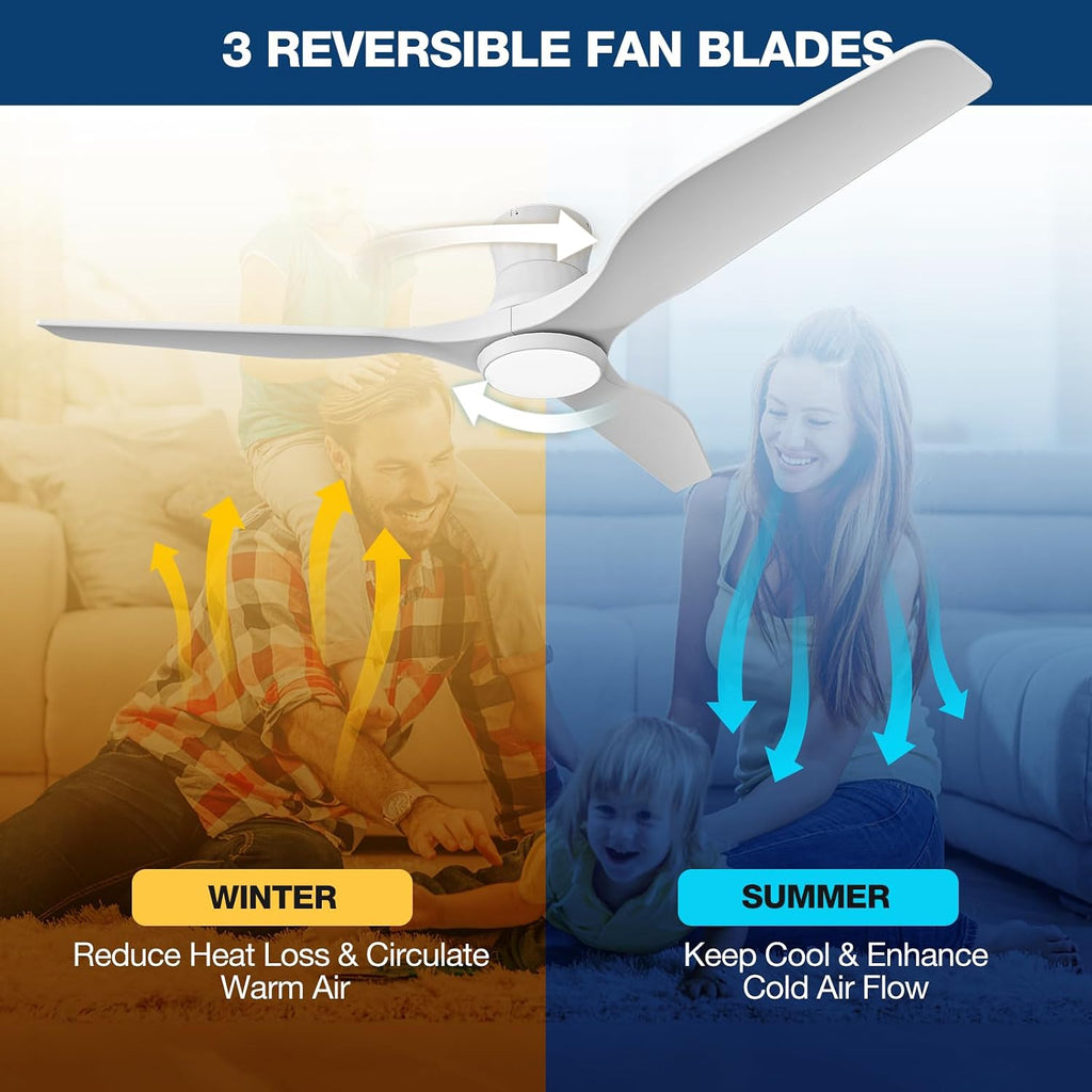 Smart 52' Wood Flush Mount Ceiling Fan with Remote Control, White | Quiet DC Motor, WiFi Alexa Voice Control, High CFM Dimmable LED, Low Profile, Reversible, 6 Speeds Adjustment, Time Setting
