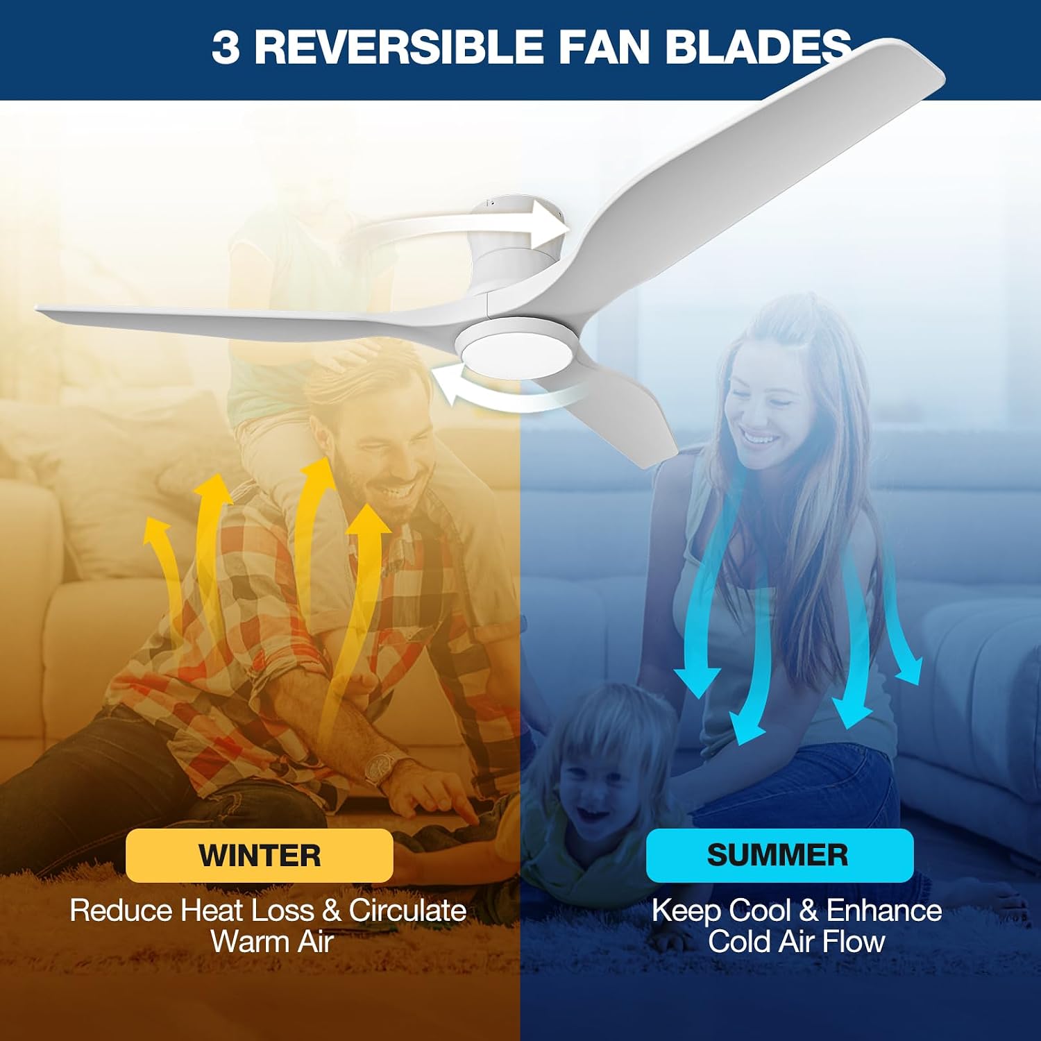 Smart 52' Wood Flush Mount Ceiling Fan with Remote Control, White | Quiet DC Motor, WiFi Alexa Voice Control, High CFM Dimmable LED, Low Profile, Reversible, 6 Speeds Adjustment, Time Setting