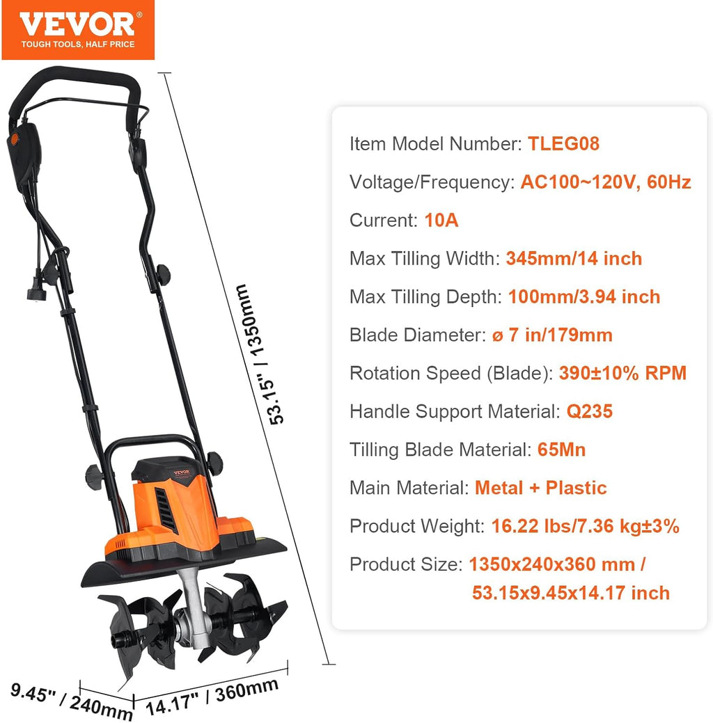 VEVOR 10 Amp Electric Tiller, 14' Tilling Width 3.94' Tilling Depth Corded Electric Tiller/Cultivator, Steel Mn Tines, Rototiller for Garden Lawn Soil Digging
