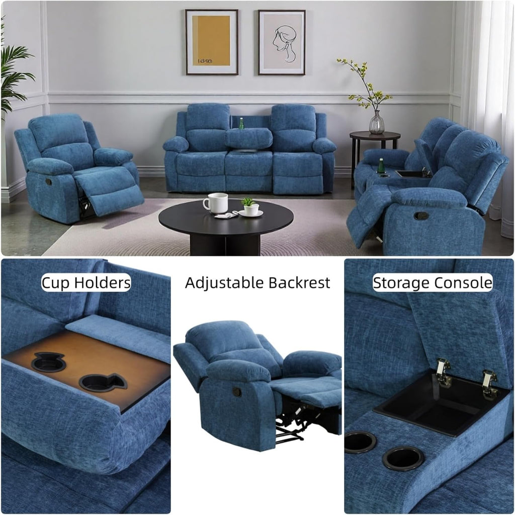 Recliner Sofa Set, Fluffy Fabric Living Room Couch with Adjustable Backrest, Loveseat with Storage Console & Cup Holders, Modern Sectional Sofa with Reversible Coffee Table for Home, Blue