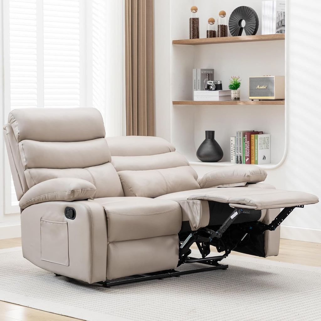 Double Recliner Loveseat, Leather Reclining Loveseat, 2 Recliners Set, Wall Hugger Loveseat Recliner Sofa for Living Room, RV, Home Theater Seating(Beige, 2 Seater Sofa)