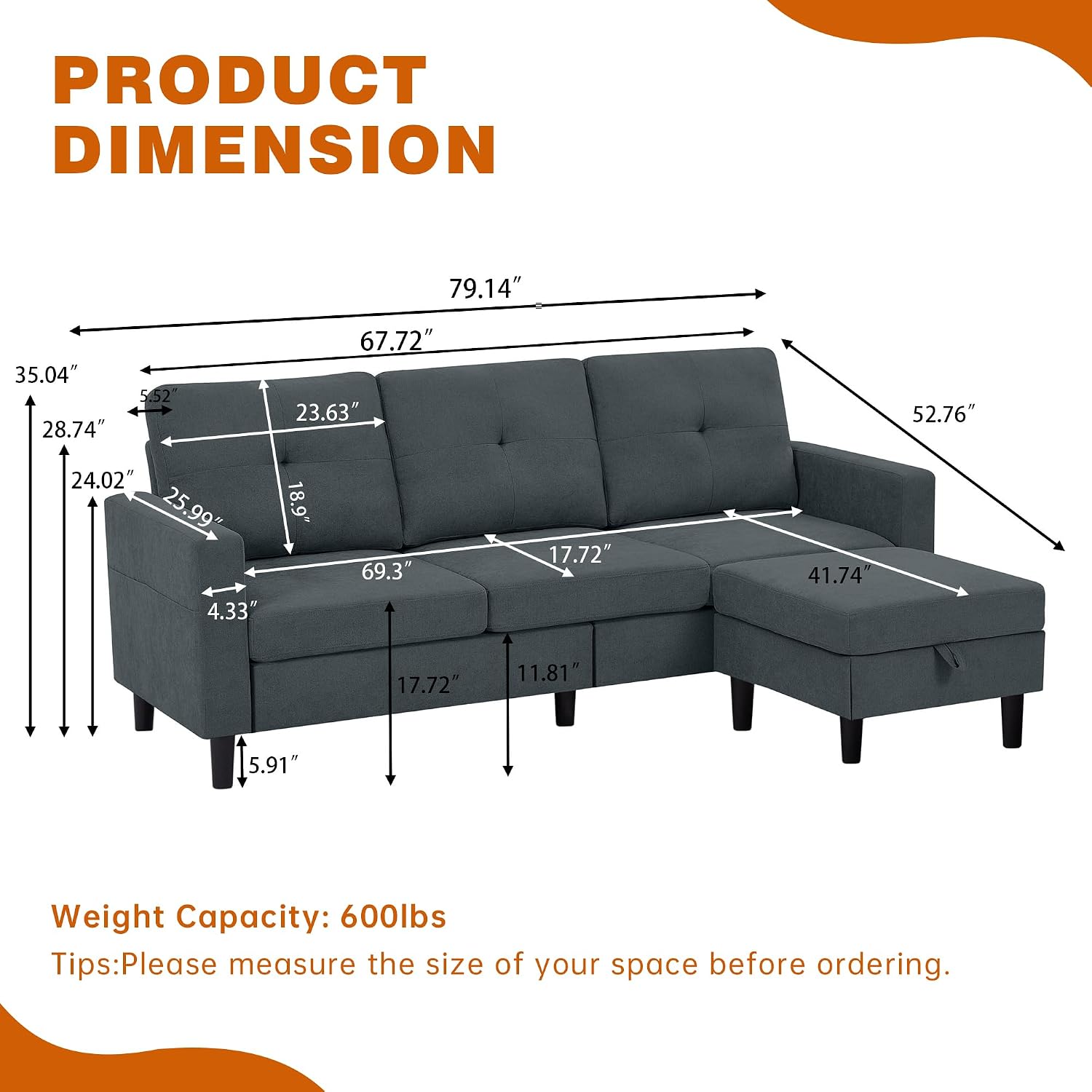 Sectional Sofa Couches for Living Room, L Shaped Couch 3-Seat Convertible Sectional Sofas with Removable Storage Ottoman, Modern Polyester Fabric (Dark Grey)